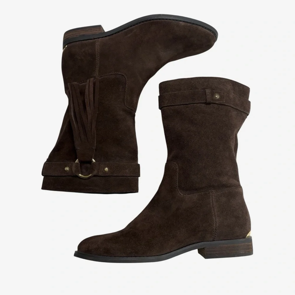 Michael Kors Rhea Brown Suede Fringe Mid-Calf Bootie Boots 7.5M